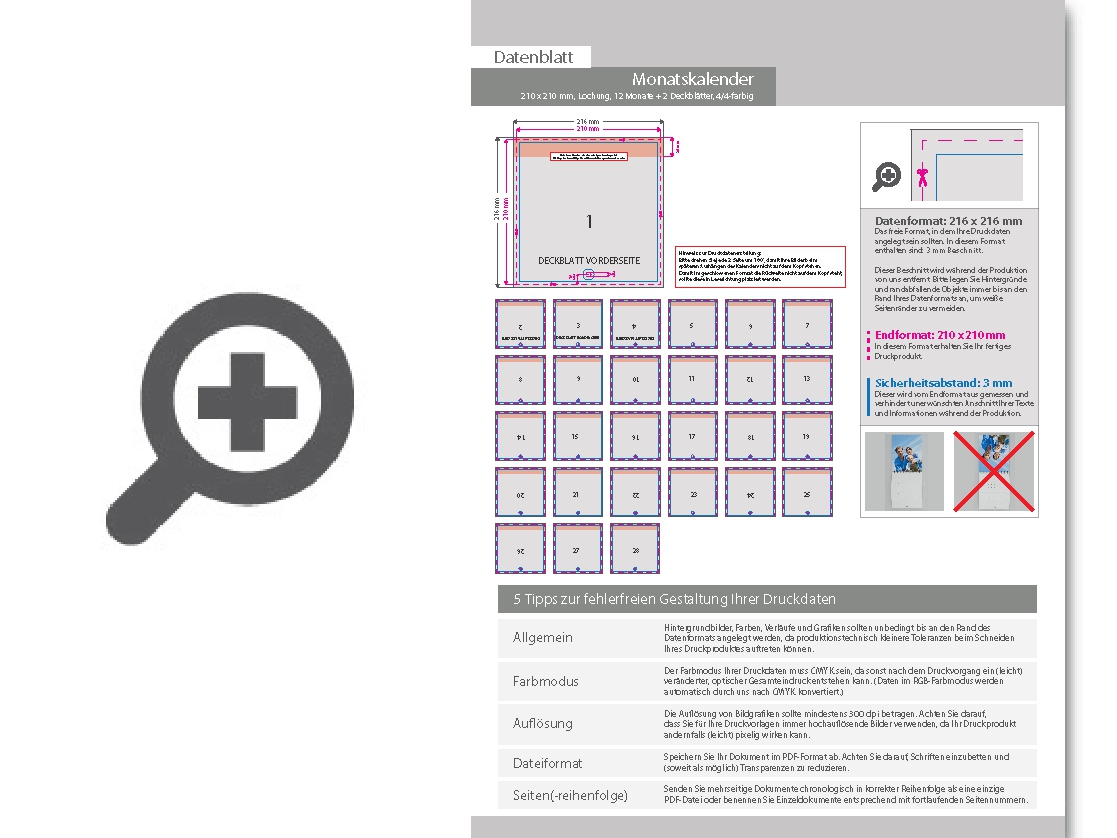 Product Bild monatskalender_mit_lochung_14_blatt_(12_monate_+_2_deckbl__tter)__beidseitig_bedruckt_4_4_farbig__quadrat_(210_x_210_mm)