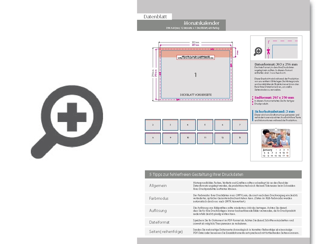Product Bild monatskalender_13_blatt_(12_monate_+_deckblatt)__einseitig_bedruckt_4_0_farbig__din_a4_quer_(297_x_210_mm)