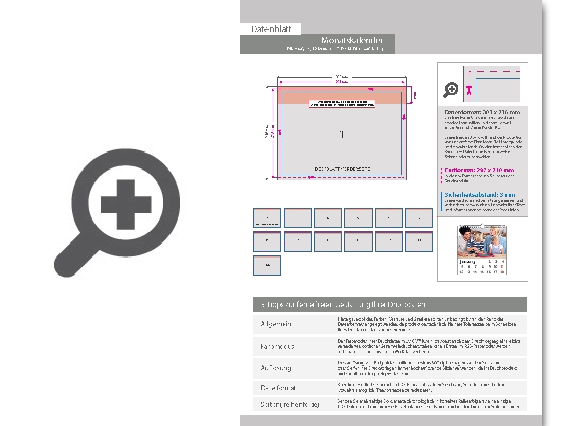 Product Bild monatskalender_14_blatt_(12_monate_+_2_deckbl__tter)__einseitig_bedruckt_4_0_farbig__din_a4_quer_(297_x_210_mm)